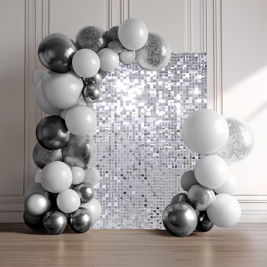 Yescom; 24 Pcs Silver Shimmer Wall Backdrop Panels 6x4 Ft Square Sequin Party Decoration for Birthday Graduation Anniversary Engagement; Category:Curtains & Backdrops; Image:1